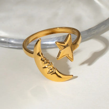 Gold steel ring with moon and star-R168