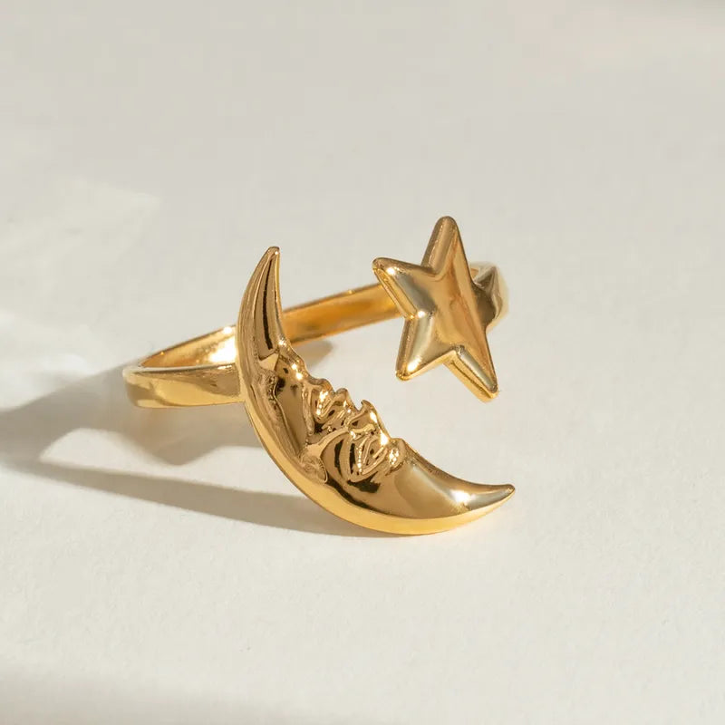 Gold steel ring with moon and star-R168