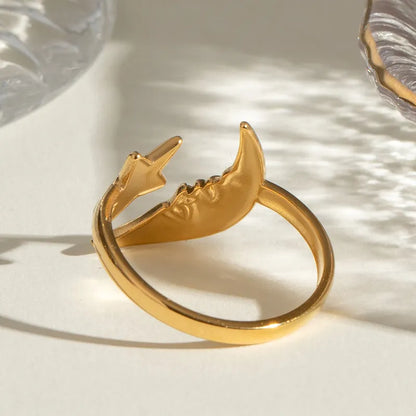 Gold steel ring with moon and star-R168