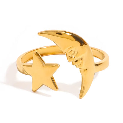 Gold steel ring with moon and star-R168