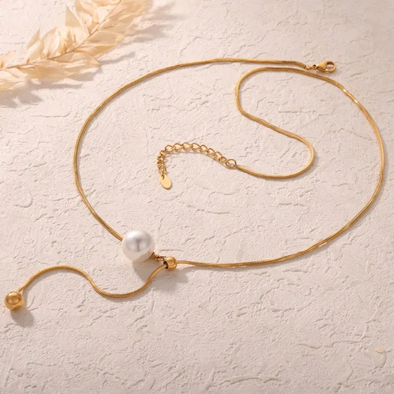 Κολιέ μακρύ ατσάλινο με πέρλα - ne056