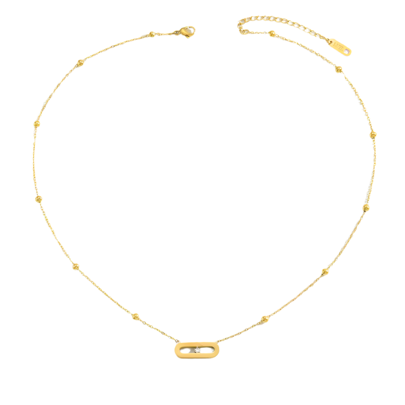 Necklace Tension Gold Steel with Oval and Stone in Center-Ne031