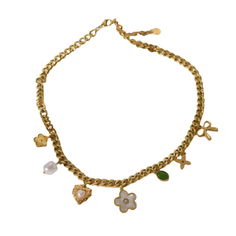 Gold-plated steel necklace with zircon with a heart of flowers and stones-NE154