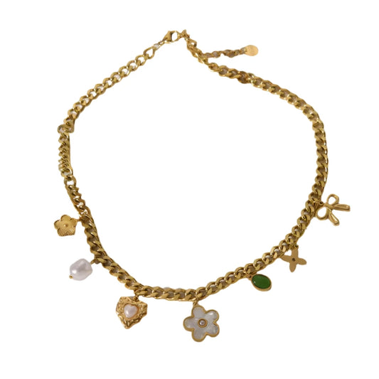 Gold-plated steel necklace with zircon with a heart of flowers and stones-NE154