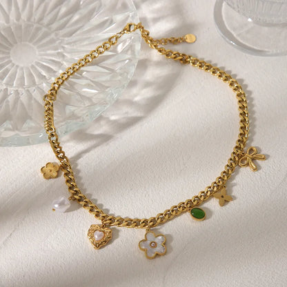 Gold-plated steel necklace with zircon with a heart of flowers and stones-NE154