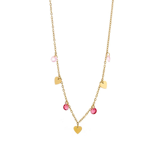 Necklace gold steel with pink hearts-ne034