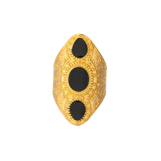 Ring Gold Plated Steel with Oriental Designs and Black-R107