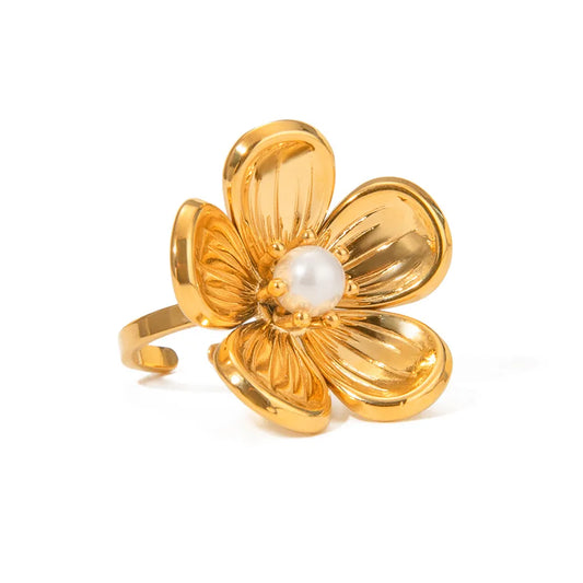 Ring Gold Plated Flower with pearl-R028