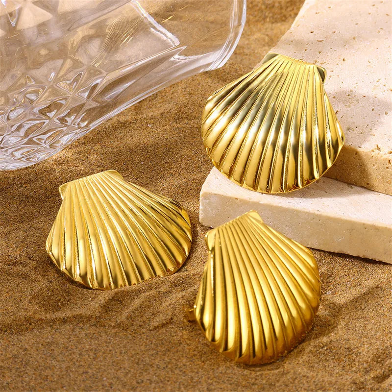 Earrings gold steel whole shells