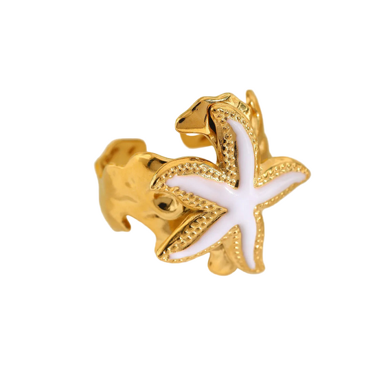 Inel din oțel placat cu aur cu stea de mare albă-