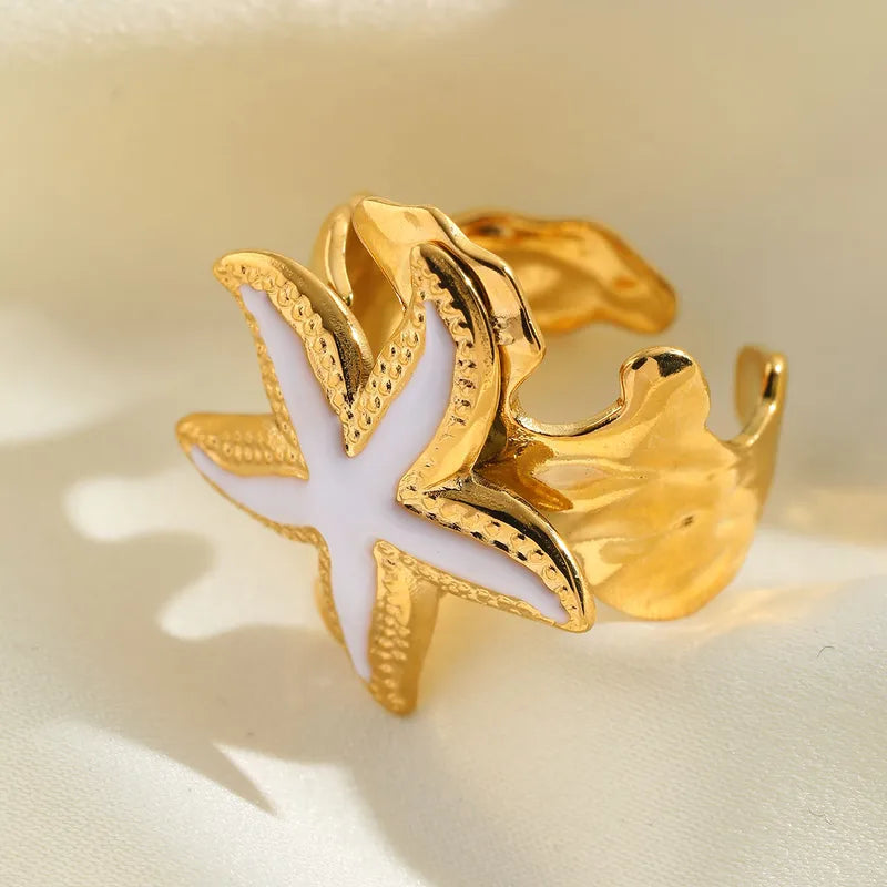 Inel din oțel placat cu aur cu stea de mare albă-