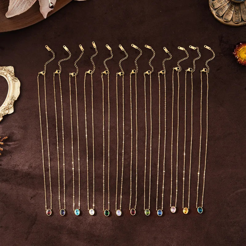 Necklace gold-plated steel with colored oval zircon-ne107