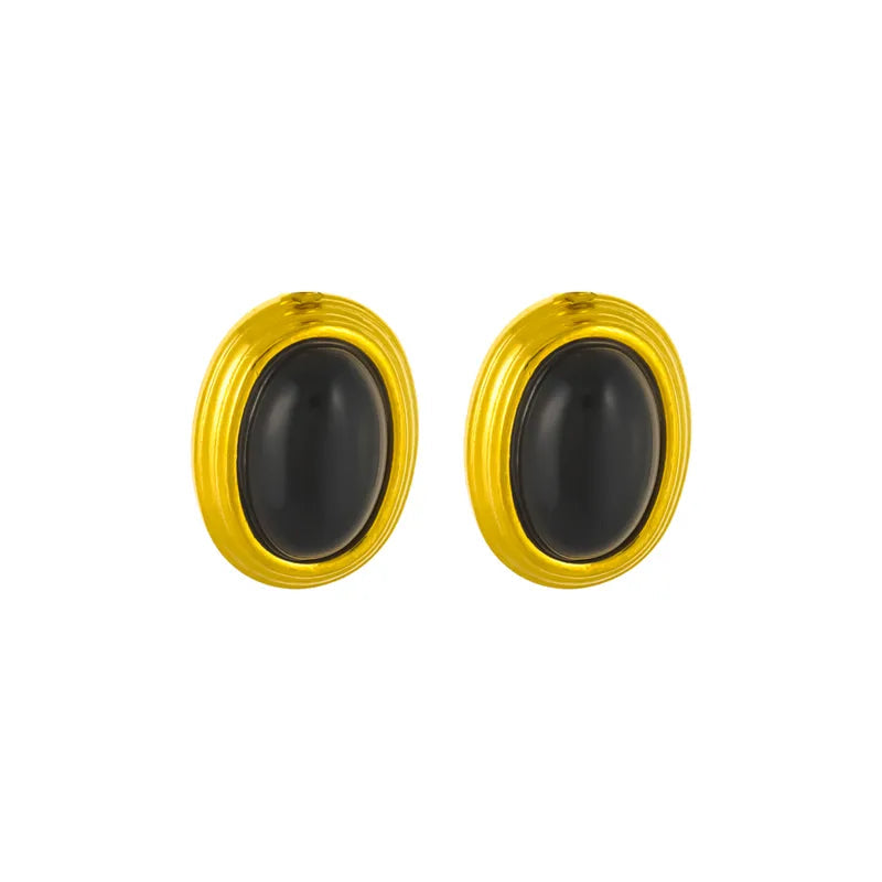 Earrings gilded oval steel with black stone-ea562