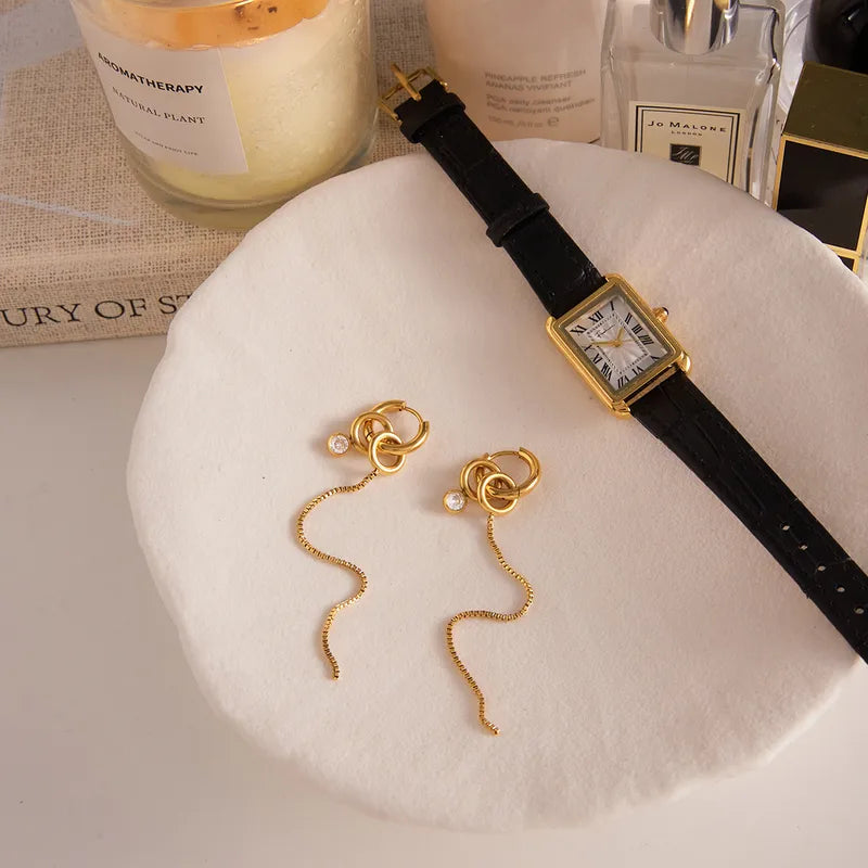 Σκουλαρίκια επιχρυσωμένο ατσάλι με μακρυά αλυσίδα και zircon-EA048