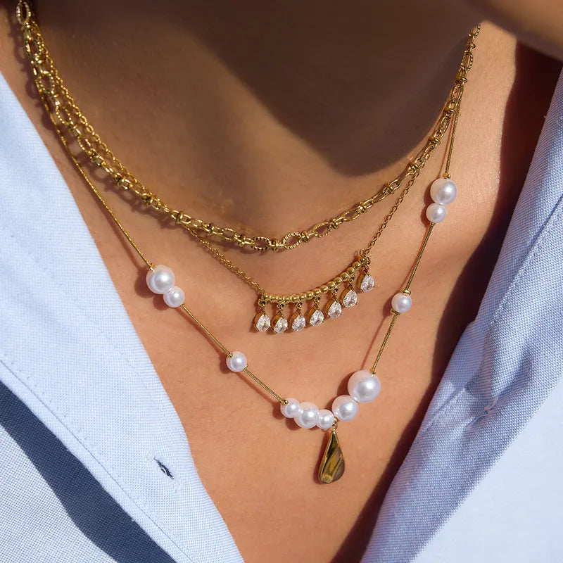 Κολιέ επιχρυσωμένο ατσάλι με πέρλες - NE739