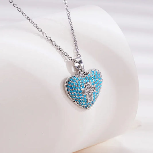 Silver necklace with blue beads and heart cross - NE736