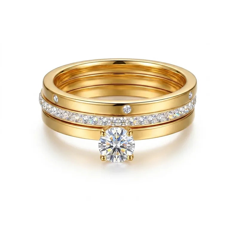 Set aus 3 Stahlringen Gold mit Zirkonia – R299