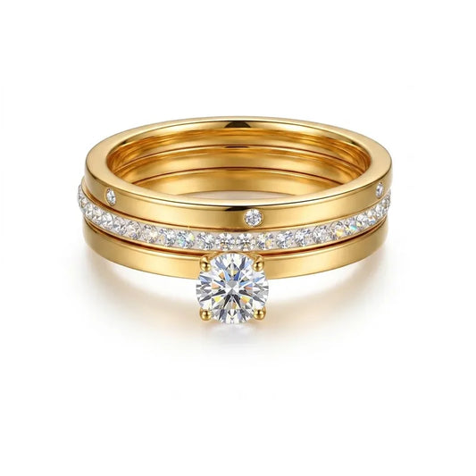 Set of 3 steel rings gold with zirconia- R299