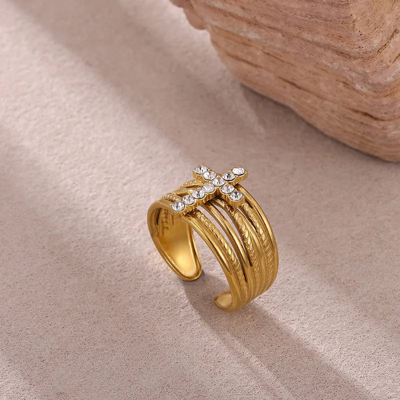 Δαχτυλίδι επιχρυσωμένο ατσάλι με σταυρό zircon-R228