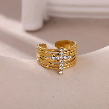 Δαχτυλίδι επιχρυσωμένο ατσάλι με σταυρό zircon-R228