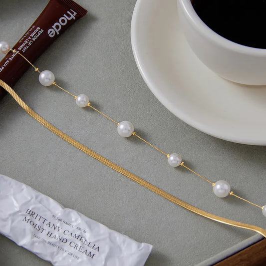 Colier cu lant dublu din otel placat cu aur cu perle-NE168