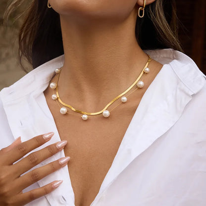 Colier cu lant dublu din otel placat cu aur cu perle-NE168