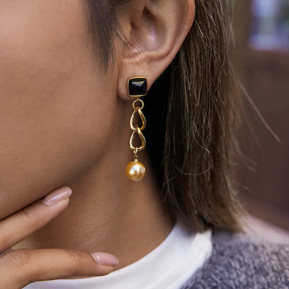 Σκουλαρίκια επιχρυσωμένο ατσάλι με μάυρη πέτρα και πέρλα-EA546