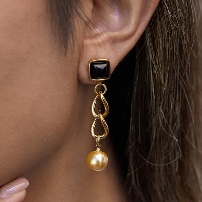Σκουλαρίκια επιχρυσωμένο ατσάλι με μάυρη πέτρα και πέρλα-EA546