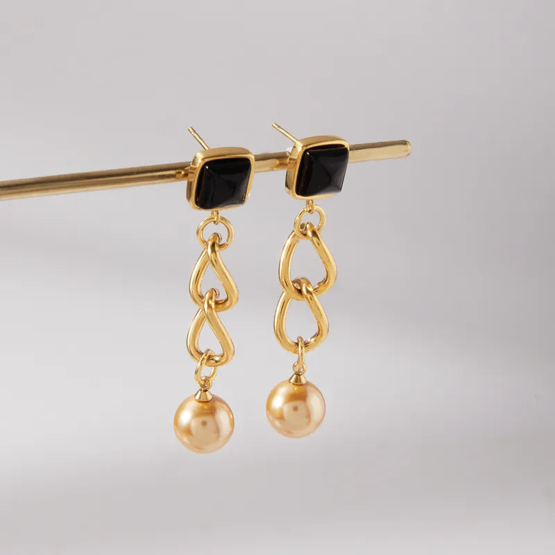 Σκουλαρίκια επιχρυσωμένο ατσάλι με μάυρη πέτρα και πέρλα-EA546