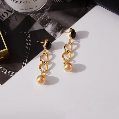 Σκουλαρίκια επιχρυσωμένο ατσάλι με μάυρη πέτρα και πέρλα-EA546