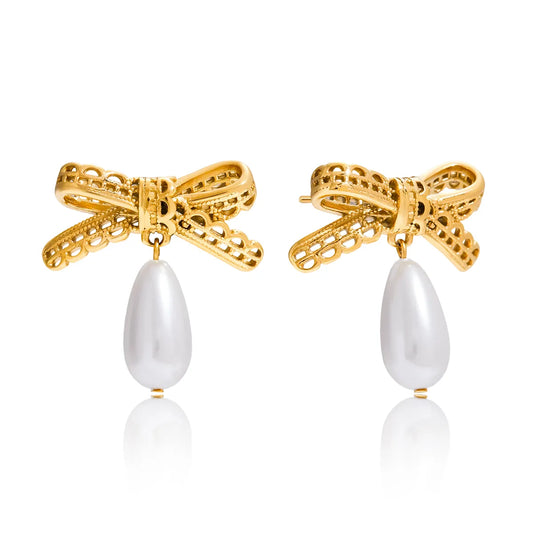 Σκουλαρίκια επιχρυσωμένο ατσάλι με φιόγκο και πέρλες-EA606