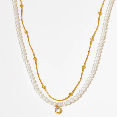 Steel necklace with gold chain pearls and zircon-ne071