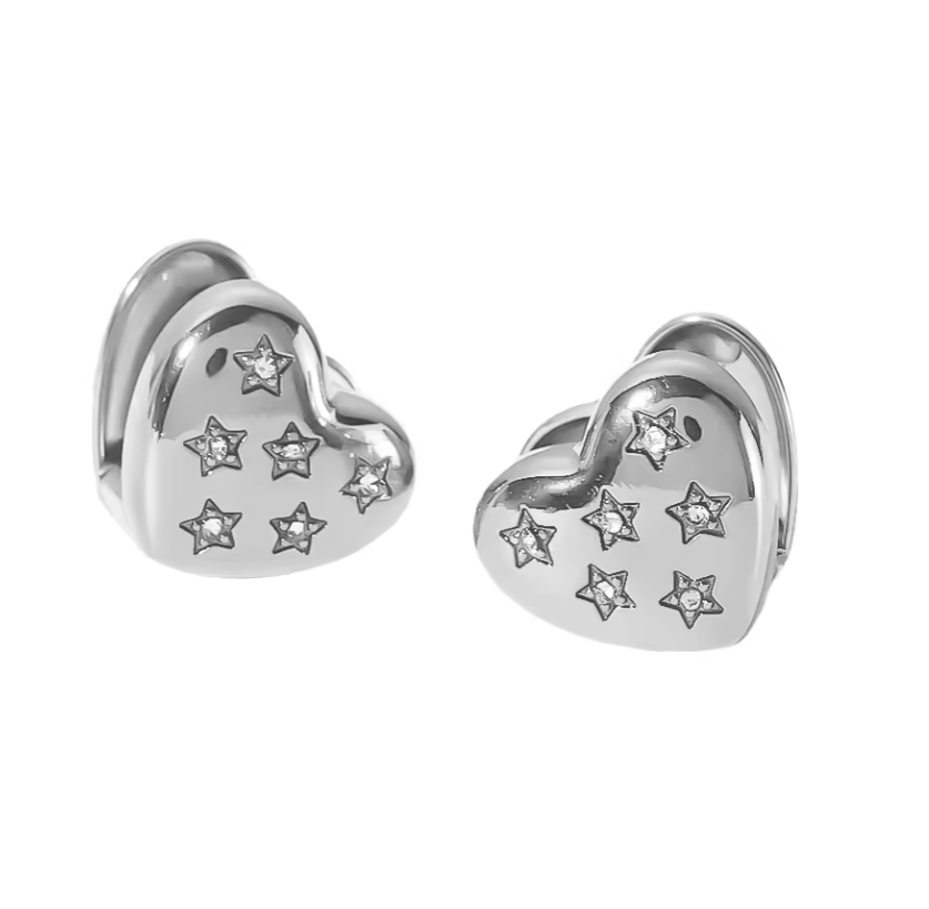 Orecchini cuore in acciaio argento con stelle-EA598