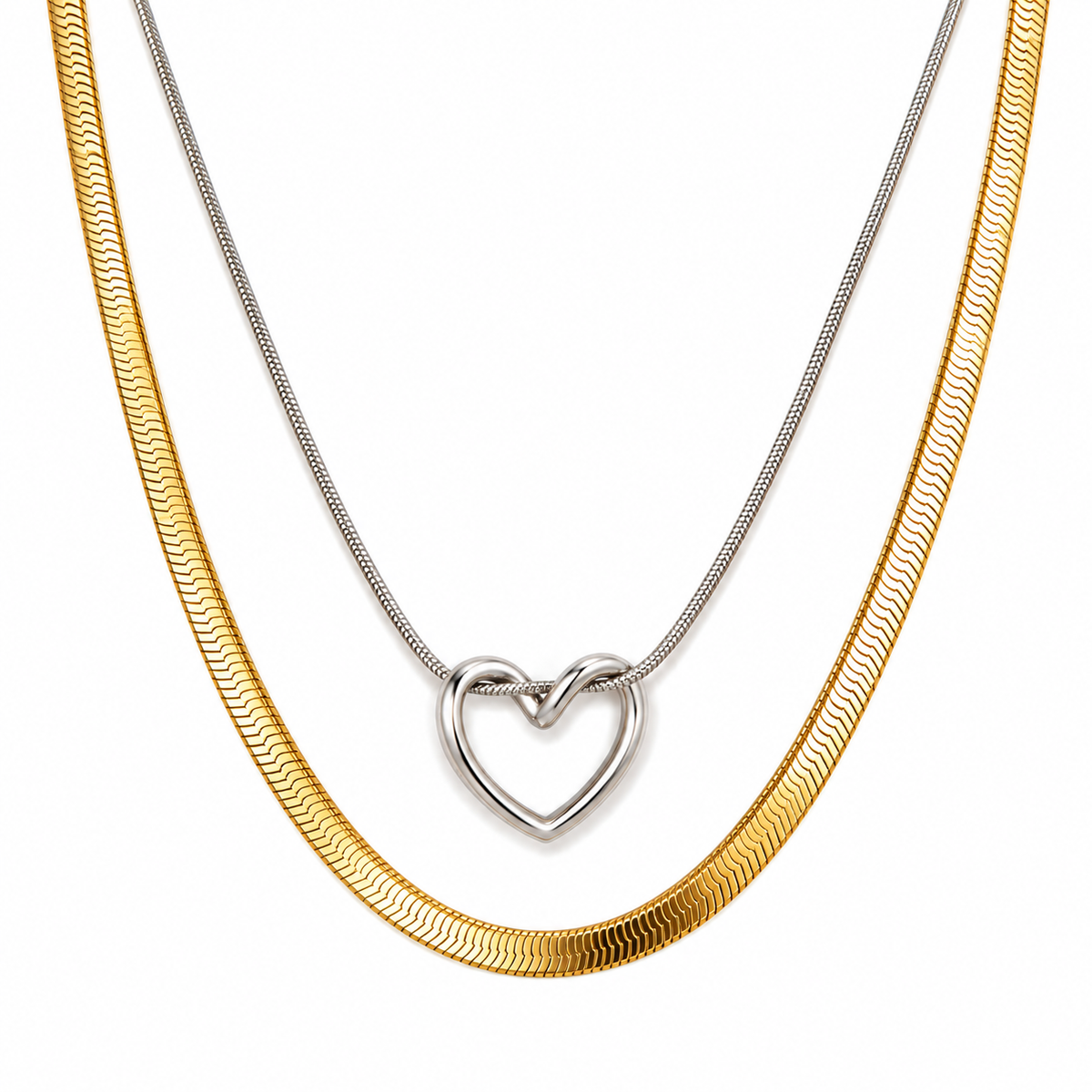 Collier double acier doré coeur argenté - NE065