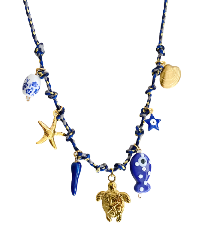 Necklace gold-plated steel with dark blue and sea deco-