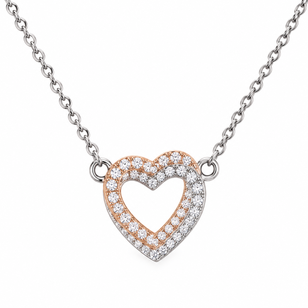 Collier en acier avec coeur en argent et or rose avec zircon - NE451