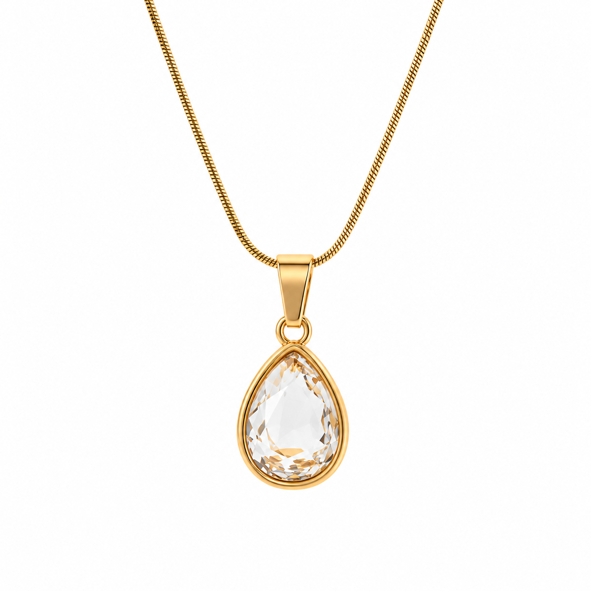 Collier en acier doré avec cristal en forme de larme blanche - NE610