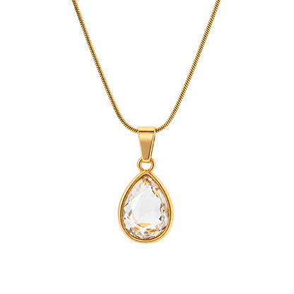 Collier en acier doré avec cristal en forme de larme blanche - NE610
