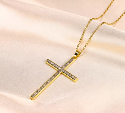 Croce in Oro con Pietre Bianche Ottone Dorato-NE011