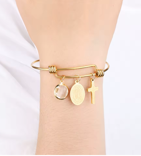 Bracelet gold steel with amulets and stone-br238