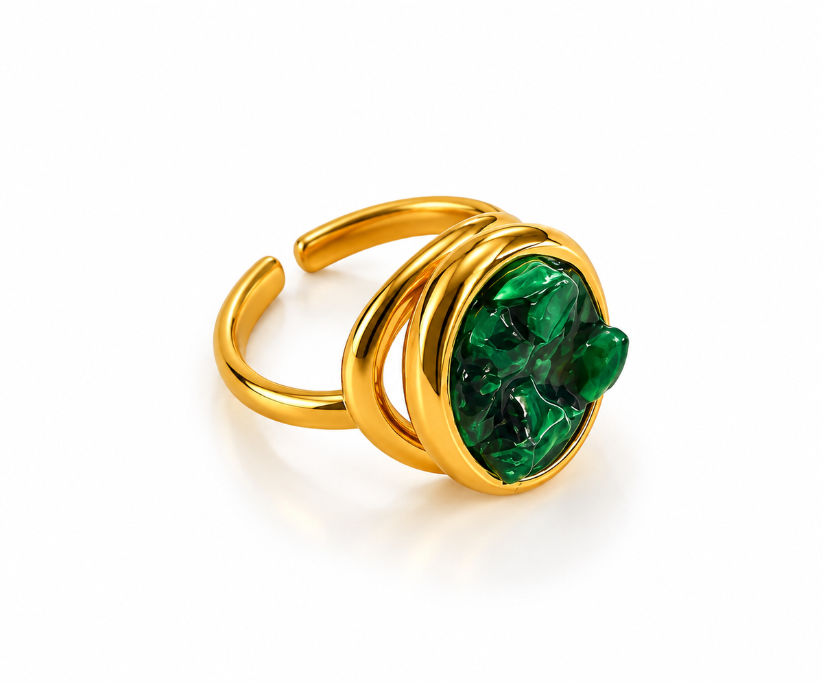 Bague acier avec pierres vertes - R229