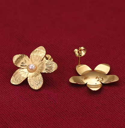 Orecchini fiore in acciaio dorato con perla-EA608