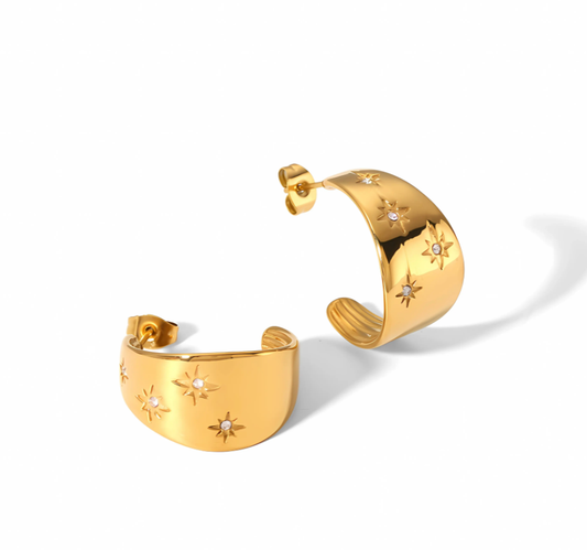 Σκουλαρίκια χρυσό ατσάλι κρίκος με αστέρια zircon-EA620
