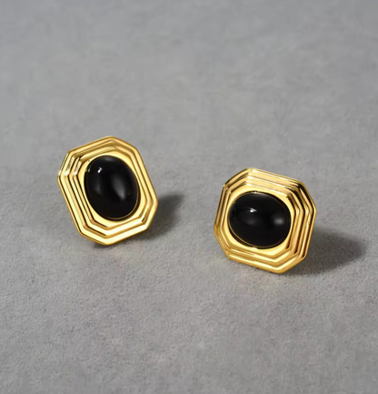 Σκουλαρίκια χρυσά ατσάλι με πέτρες μαύρος αχάτης-EA006