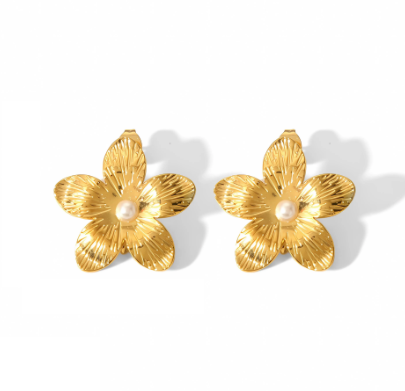 Orecchini fiore in acciaio dorato con perla-EA608