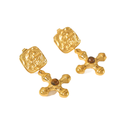 Σκουλαρίκια χρυσό ατσάλι σταυρός με καφέ πέτρα-EA614