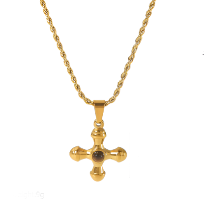Collana croce in acciaio dorato con pietra marrone-NE030
