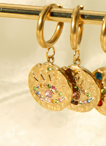 Σκουλαρίκια χρυσά ατσάλι με πολύχρωμα zircon και μάτι-EA624