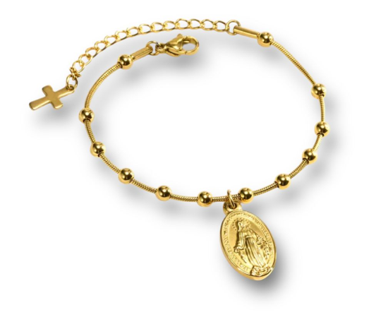 Bracelet Golded Steel with Virgin Mary and Stavros-BR101