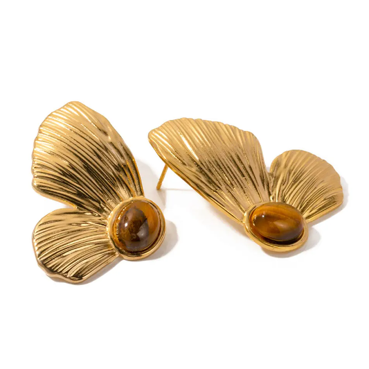 Σκουλαρίκια ατσάλι σε σχήμα πεταλούδα με καφέ πέτρα-EA099